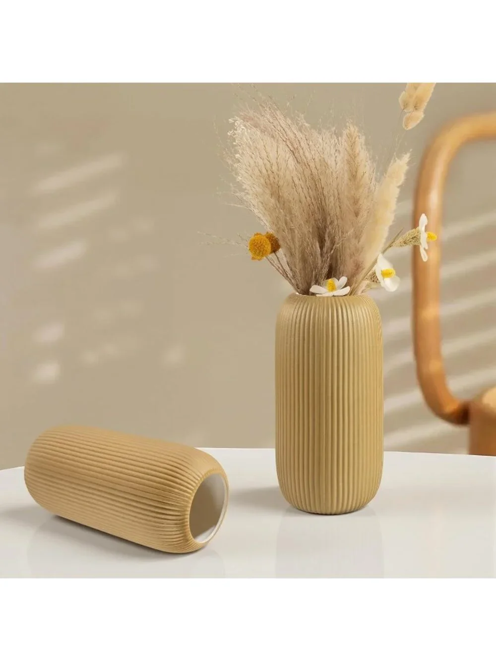 Modern Small Coffee Ceramic Vase Flowers Ribbed Textured Farmhouse Home Livings